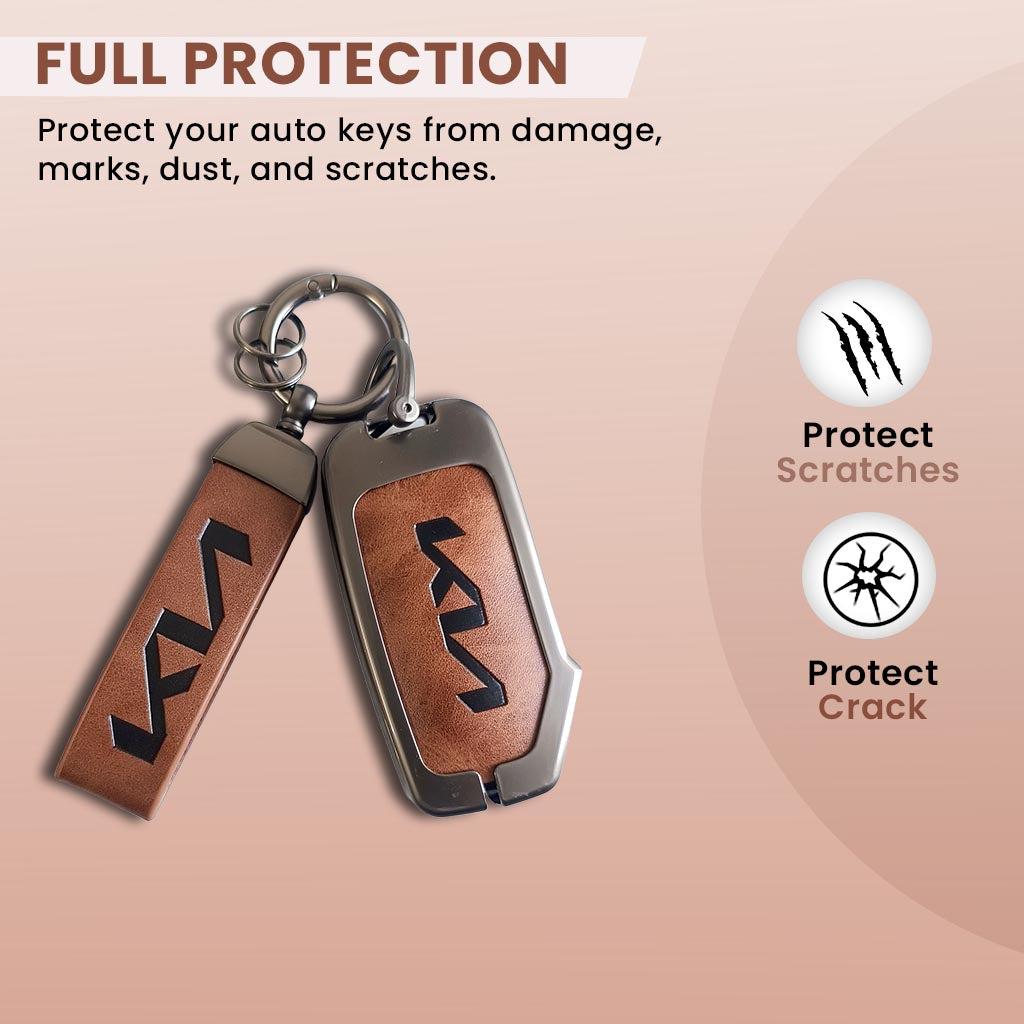 Metal Leather Car Key Cover Compatible With Kia Seltos, Sonet 2023 | Push Start 4 Button Side Key
