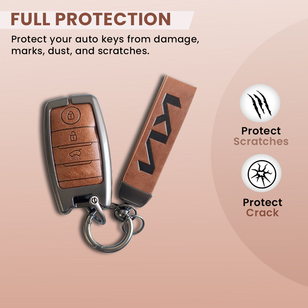 Metal Leather Car Key Cover Compatible With Seltos, Sonet, Carens | Push Start Key