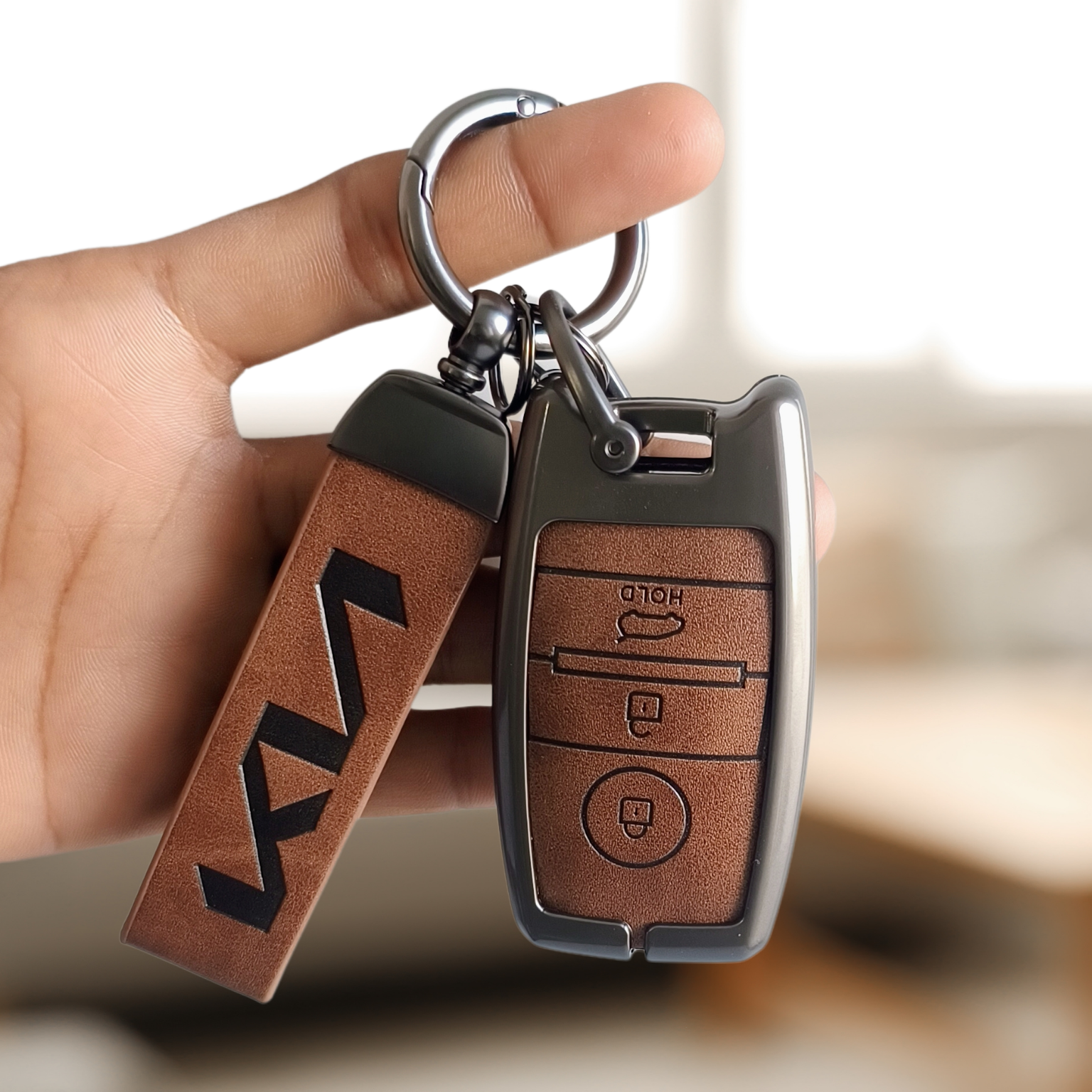 Metal Leather Car Key Cover Compatible With Seltos, Sonet, Carens | Push Start Key