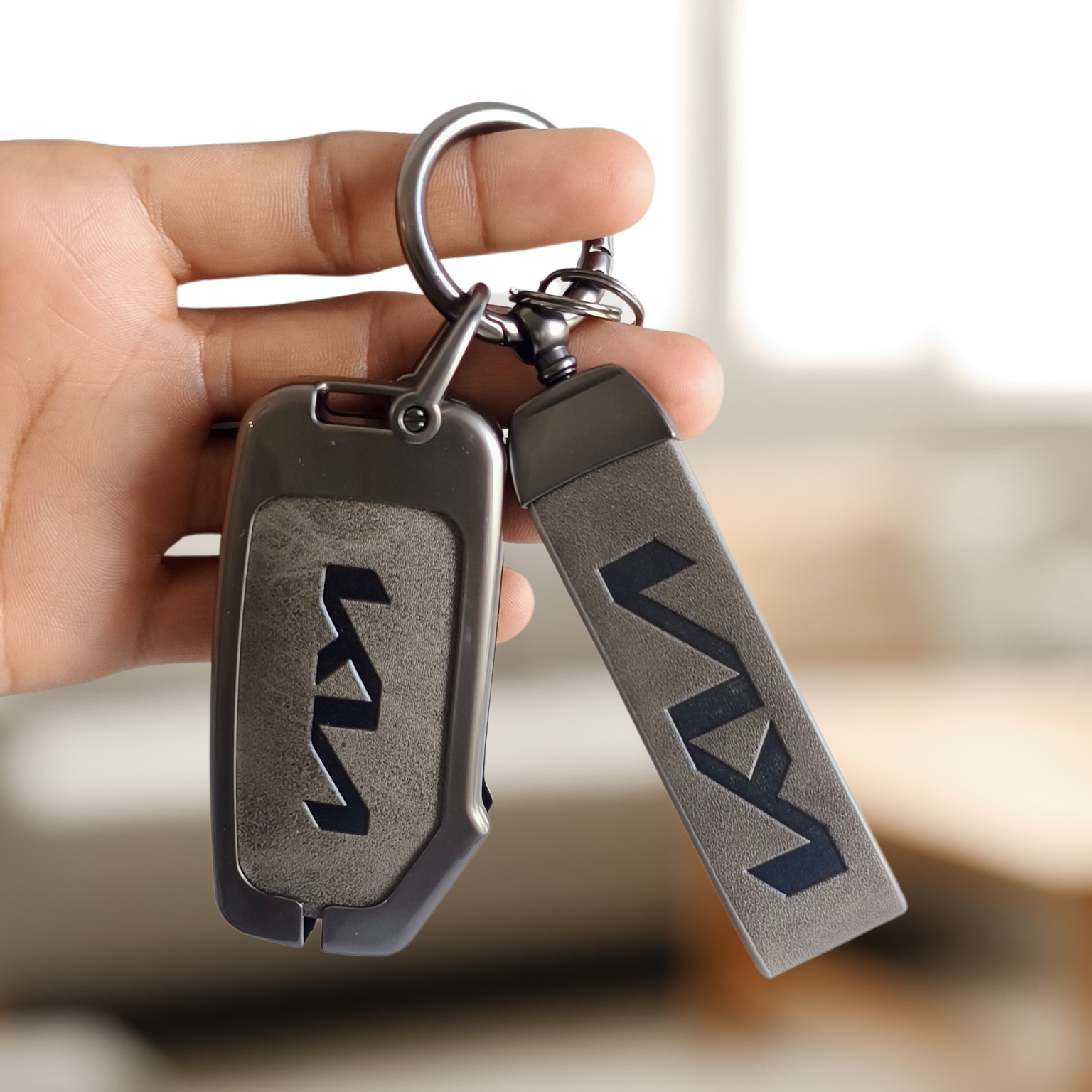Metal Leather Car Key Cover Compatible With Kia Seltos, Sonet 2023 | Push Start 4 Button Side Key