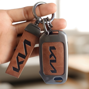 Metal Leather Car Key Cover Compatible With Kia Kia Seltos HTE,  Sonet HTE,  Carens Premium, Prestige | 3 Button Flip Key