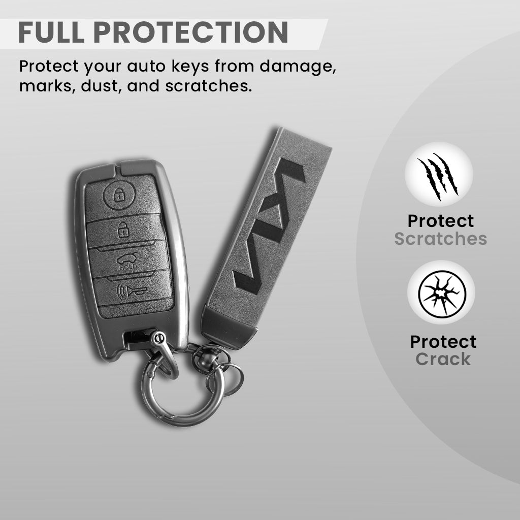 Metal Leather Car Key Cover Compatible With Kia Seltos, Sonet, Carens | Push Start Only Key