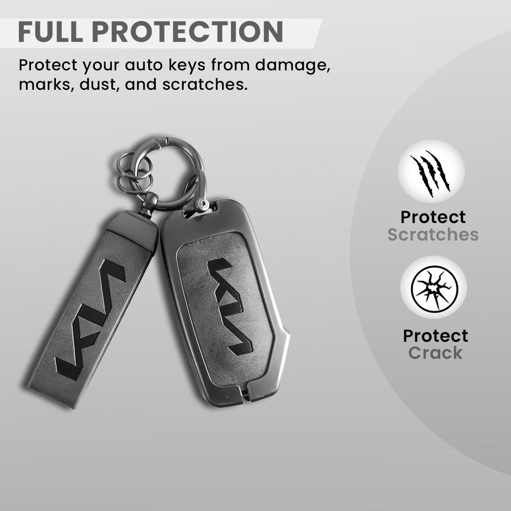 Metal Leather Car Key Cover Compatible With Kia Seltos, Sonet 2023 | Push Start 4 Button Side Key
