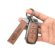 Metal Leather Car Key Cover Compatible with Figo, Aspire, Endeavour | 3 Button Flip Key