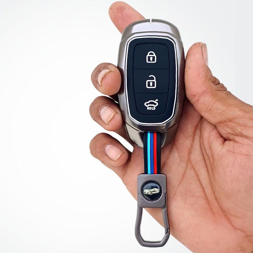 Metal Silicon Car Key Cover Compatible With Verna, i20 Asta | 3 Button Smart Key