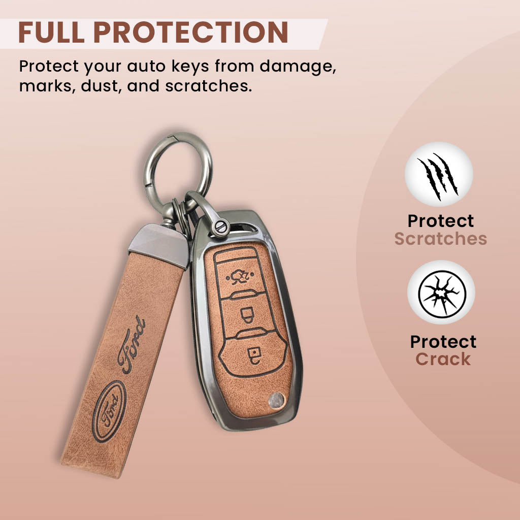 Metal Leather Car Key Cover Compatible with Figo, Aspire, Endeavour | 3 Button Flip Key