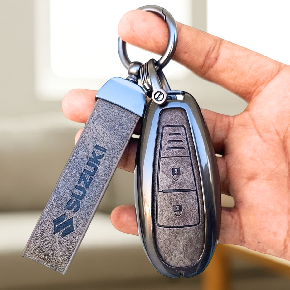 Metal Leather Key Cover for Suzuki Baleno, Ciaz, Grand Vitara, Brezza, S Cross, Swift, Ignis, XL6, Fronx | 2 Button Smart Key