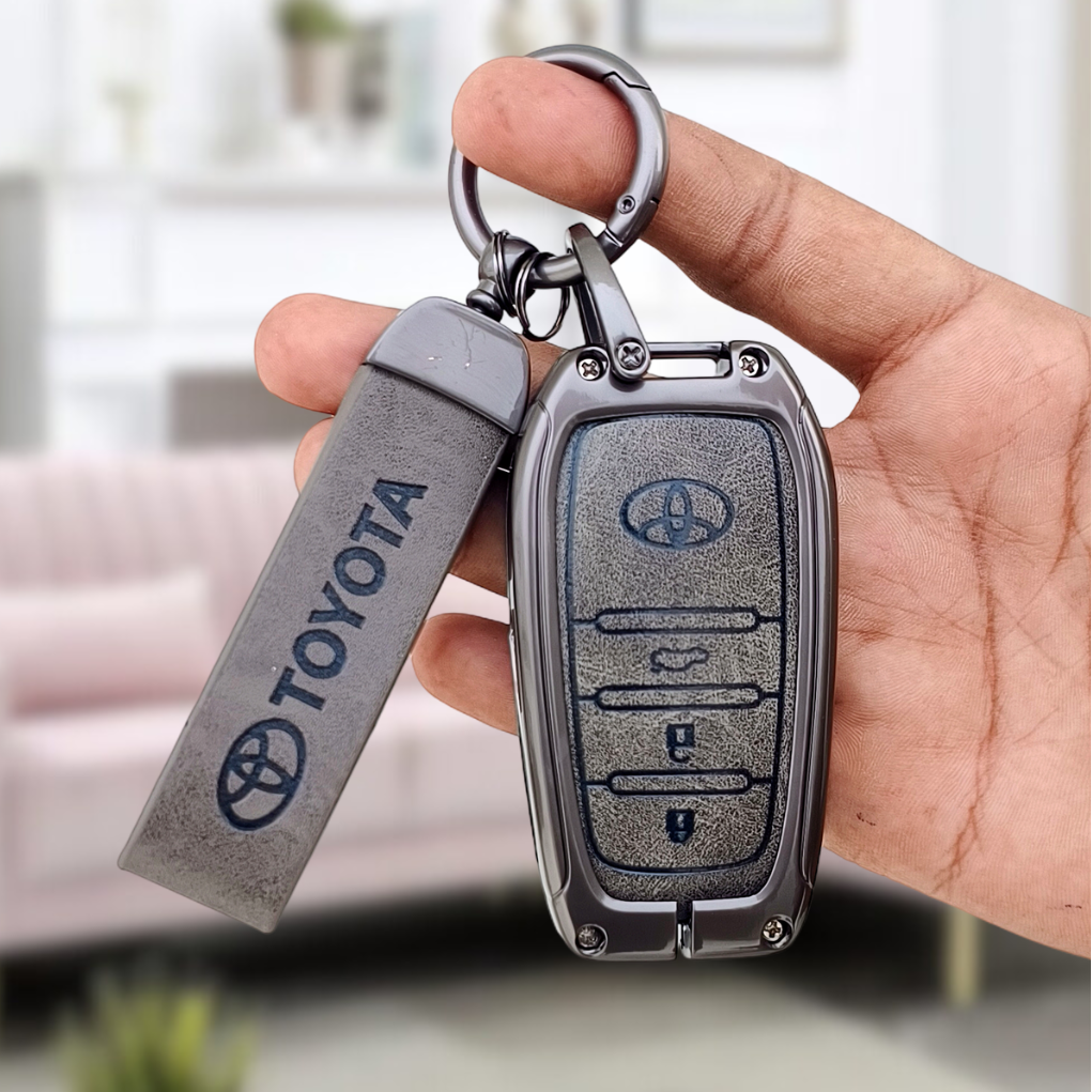 Metal Leather Car Key Cover For Toyota Fortuner, Hilux, Innova Crysta, Legender, Innova HyCross, Land Cruiser | 3 Button Type M1 Push Start Smart Key