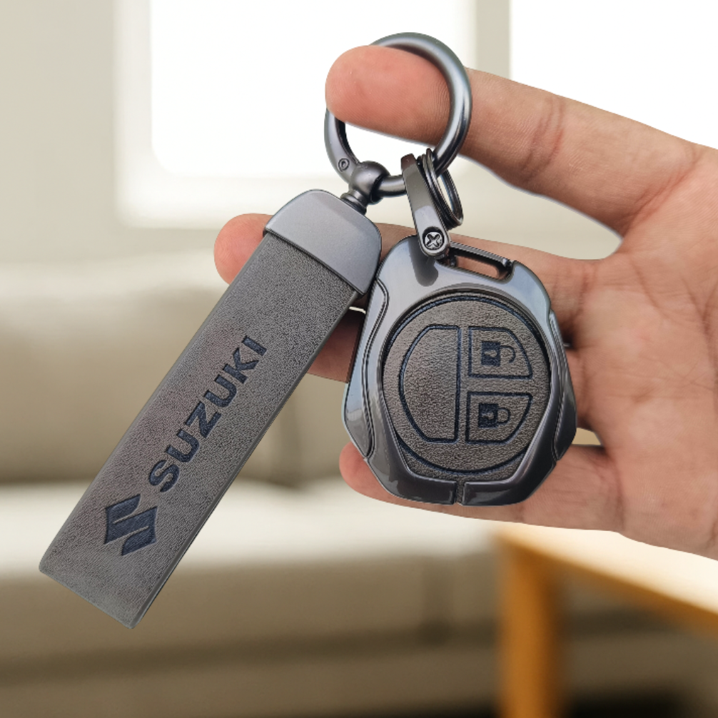 Metal Leather Key Cover for Suzuki Swift, Dzire, Ertiga, Baleno, Celerio, WagonR, Ritz, Brezza, Scross, Alto, Fronx, XL6, Ciaz, Grand Vitara, Jimny, Alto K10, S Presso, Ignis |for Toyoto Rumion, Hyryder, Urben Cruiser, Galanza | 2 Button Key