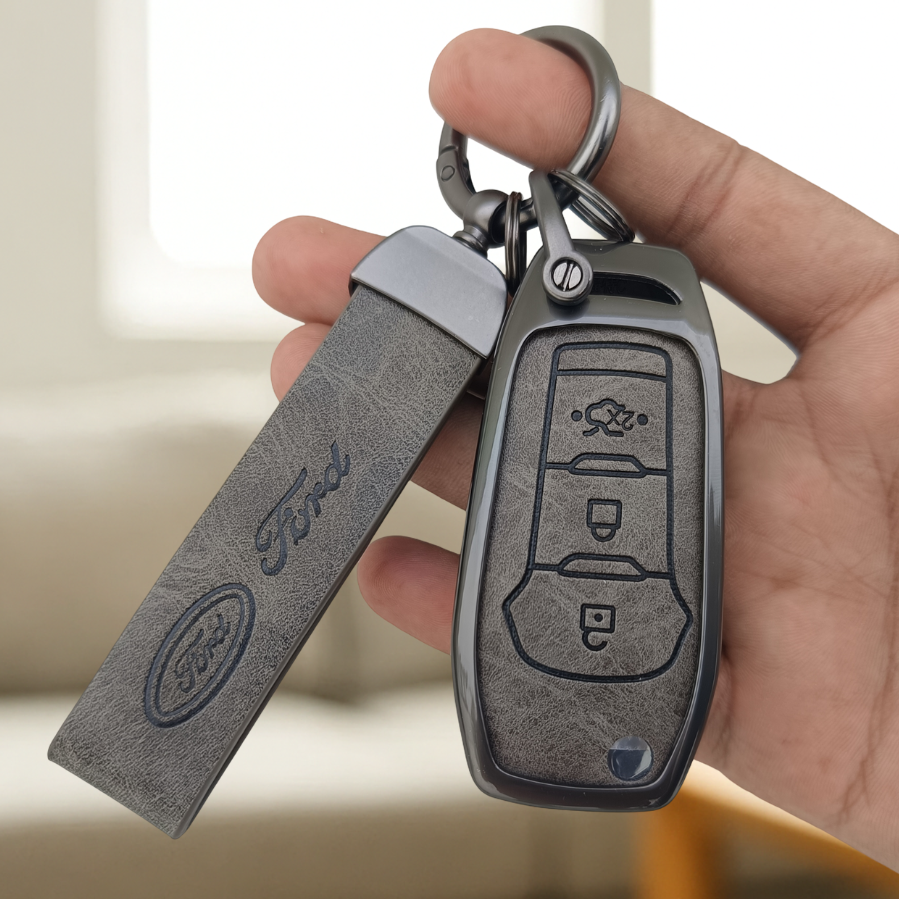 Metal Leather Car Key Cover Compatible with Figo, Aspire, Endeavour | 3 Button Flip Key