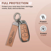 Metal Leather Car Key Cover Compatible with Figo, Aspire, Endeavour | 3 Button Flip Key