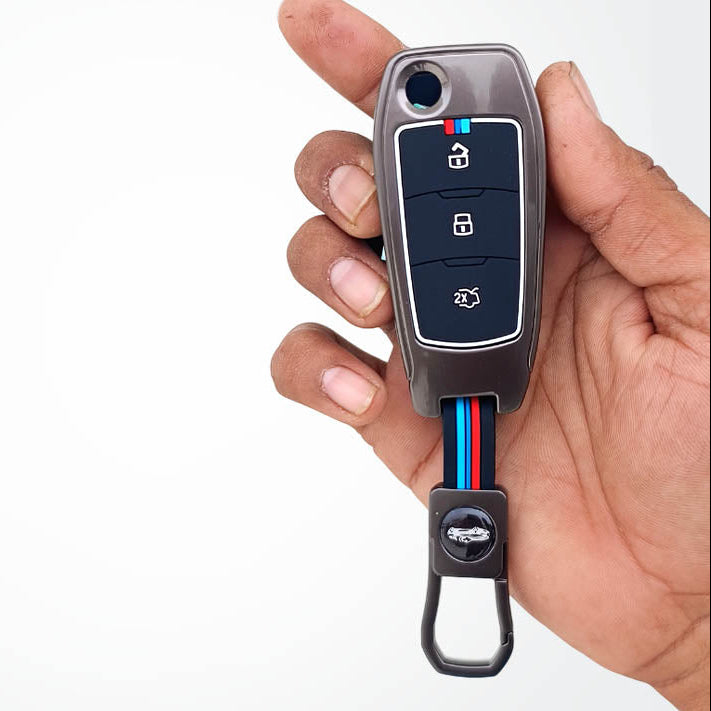 Metal Silicon Car Key Cover Compatible with Figo, Aspire, Endeavour | 3 Button Flip Key