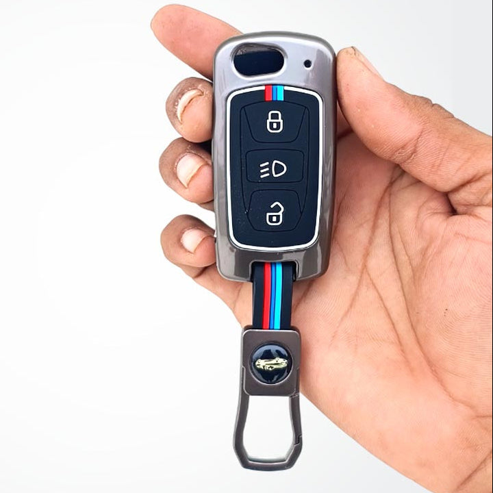 Metal Silicon Car Key Cover For TATA Arai, Safari, Tiago, Zest, Bolt, Tigor, Hexa, Nexon, Harrier, Altroz, Punch | 3 Button Flip Key