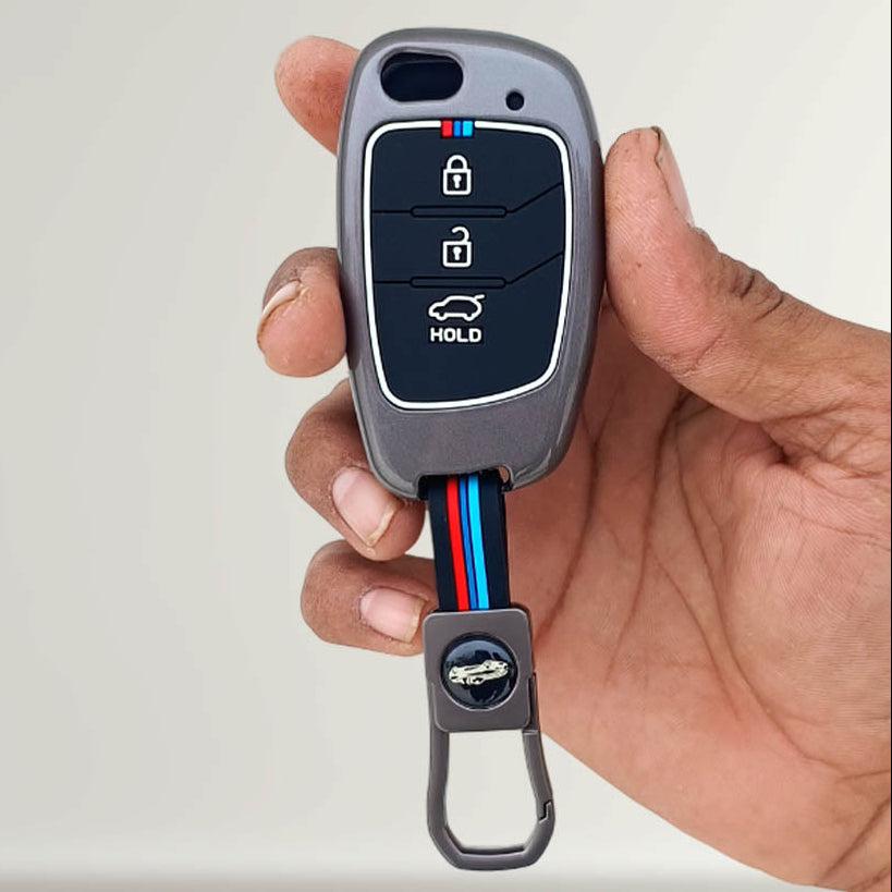 Metal Silicon Car Key Cover Compatible With Creta, Venue, Aura, i20,Grand i10 Nios, Xcent | 3 Button Flip Key