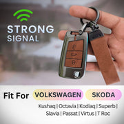 Metal Leather Key Cover for Skoda/Volkswagen Kushaq, kylaq, Octavia, Kodiaq, Superb, Slavia, Passat, Virtus, T Roc | 3 Button Flip Key