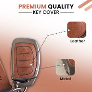 Metal Leather Car Key Cover Compatible With Creta, Venue, i20 Tucson, Elantra, Alcazar, Creta, Tucson | 4 Button Smart Key