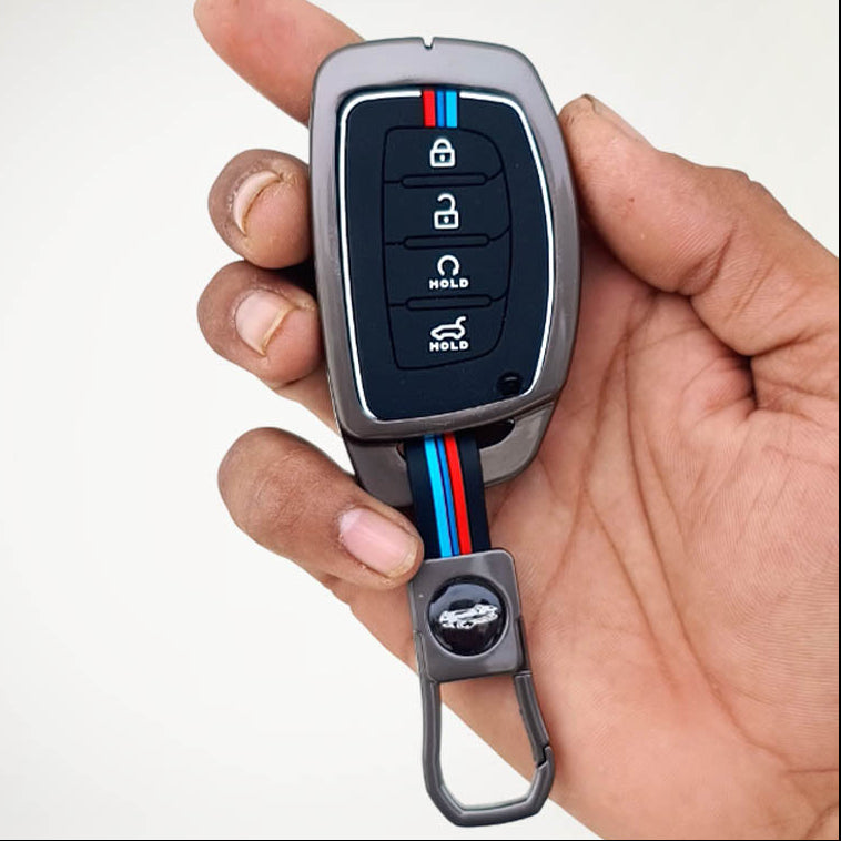 Metal Silicon Car Key Cover Compatible With Hyundai Alcazar, Creta, Tucson | 4 Button Smart Key