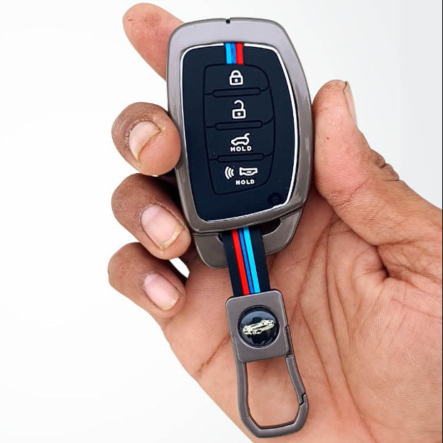 Metal Silicon Car Key Cover Compatible With Creta, Venue, i20 Tucson, Elantra | 4 Button Smart Key
