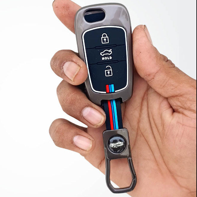 Metal Silicon Car Key Cover Compatible with Verna Fluidic, Old i10,Old i20 | 3 Button Flip Key