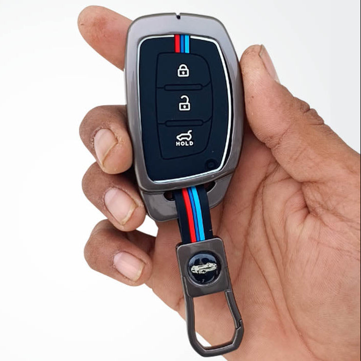 Metal Silicon Car Key Cover Compatible with Grand i10 NIOS Asta, Venue, i20, Aura, Creta, Elantra | 3 Button Smart Key