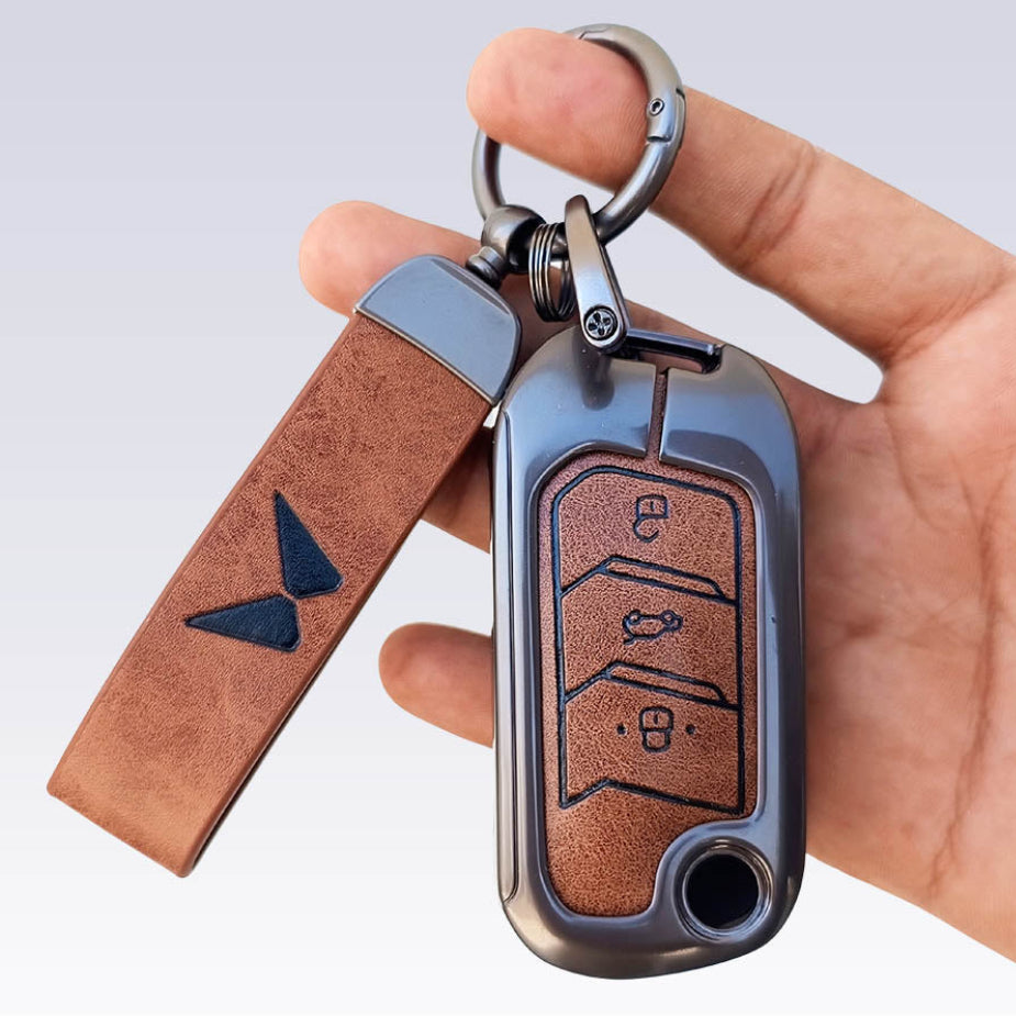 Metal Leather Key Cover For Mahindra Scorpio, XUV 300,  Marazzo, XUV 700,  3XO, XUV 400 EV,  Bolero, Thar, TUV 3  & Thar Roxx | 3 Button Flip Key