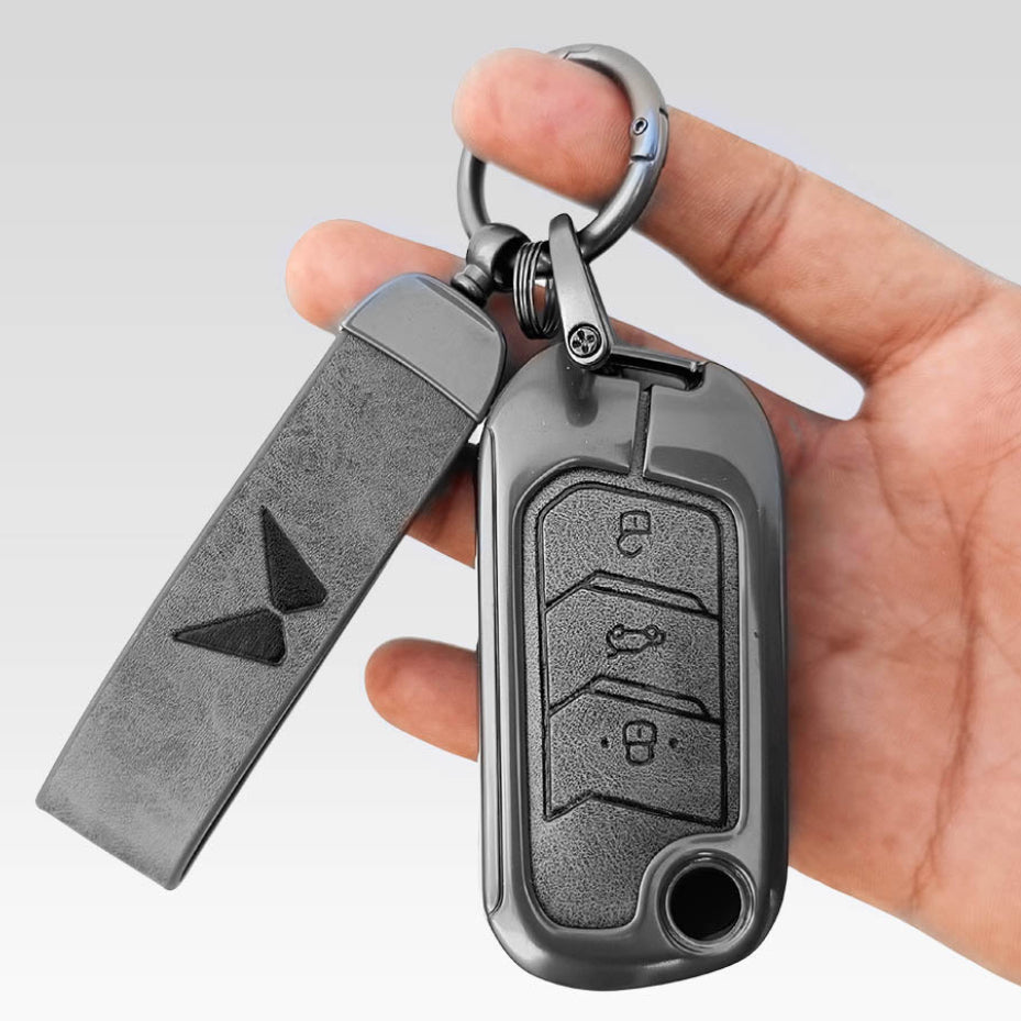 Metal Leather Key Cover For Mahindra Scorpio, XUV 300,  Marazzo, XUV 700,  3XO, XUV 400 EV,  Bolero, Thar, TUV 3  & Thar Roxx | 3 Button Flip Key