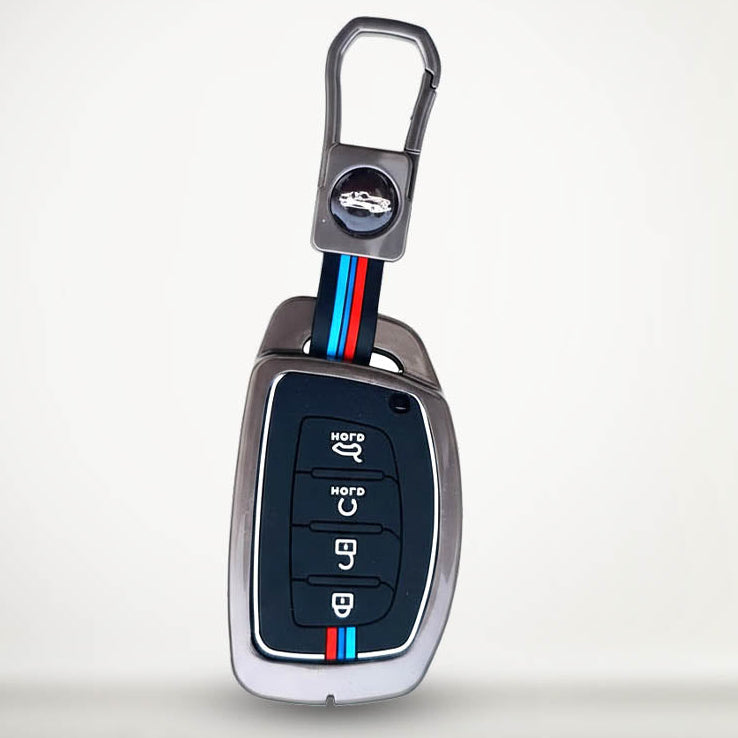 Metal Silicon Car Key Cover Compatible With Hyundai Alcazar, Creta, Tucson | 4 Button Smart Key