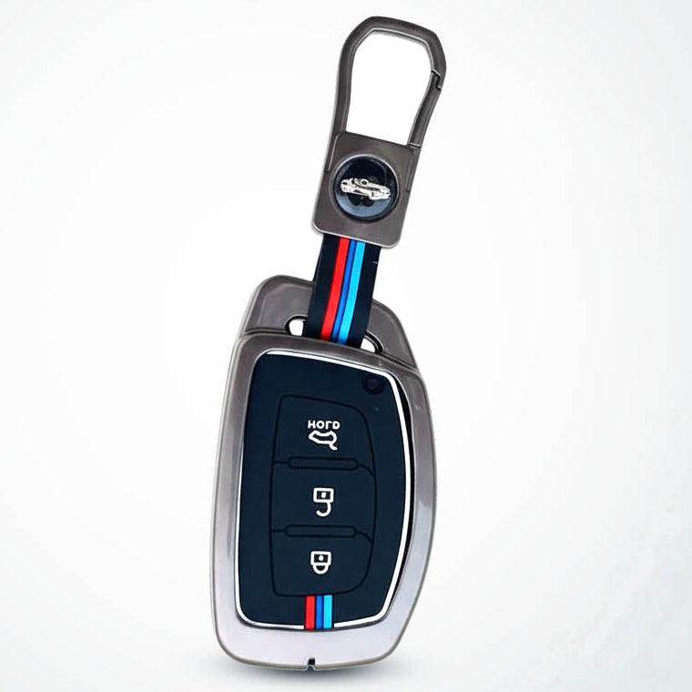Metal Silicon Car Key Cover Compatible with Grand i10 NIOS Asta, Venue, i20, Aura, Creta, Elantra | 3 Button Smart Key