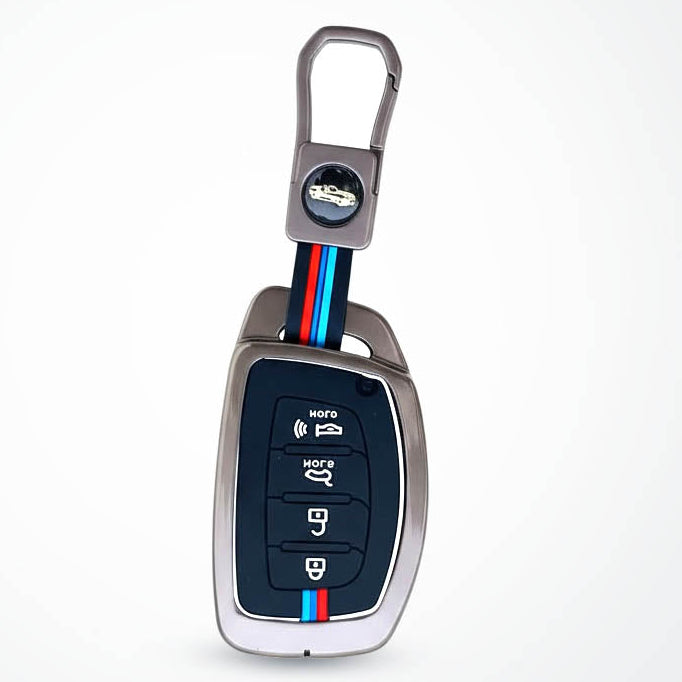 Metal Silicon Car Key Cover Compatible With Creta, Venue, i20 Tucson, Elantra | 4 Button Smart Key