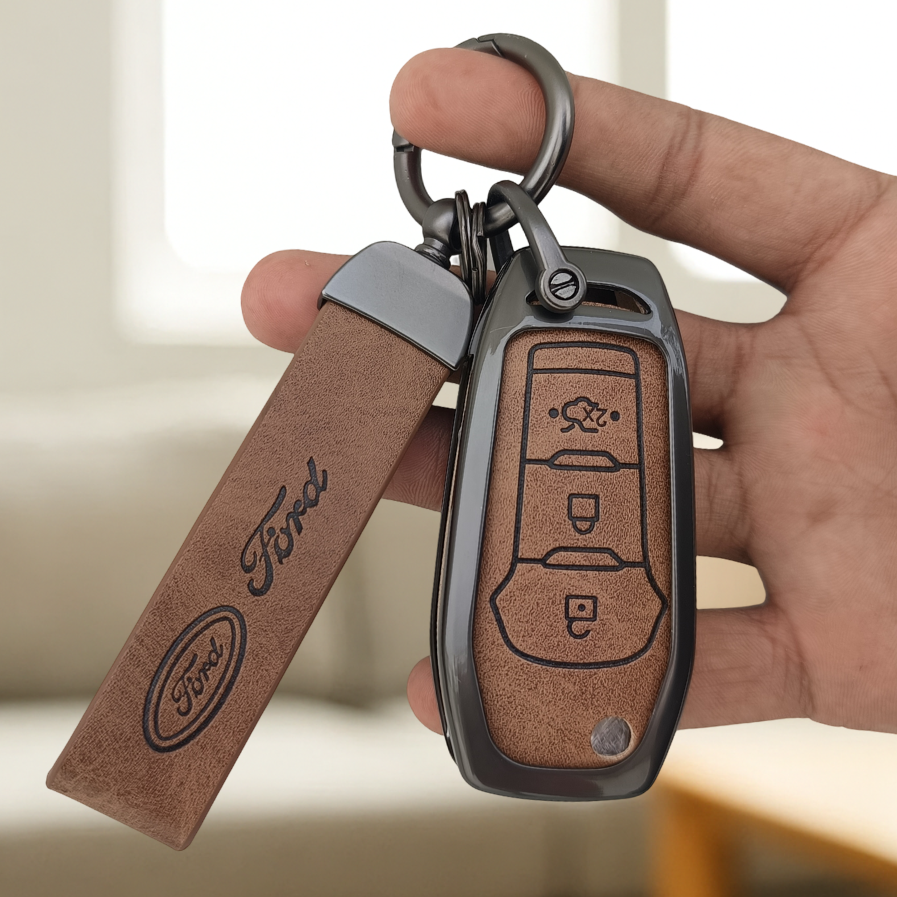 Metal Leather Car Key Cover Compatible with Figo, Aspire, Endeavour | 3 Button Flip Key
