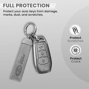 Metal Leather Car Key Cover Compatible with Figo, Aspire, Endeavour | 3 Button Flip Key