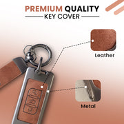 Metal Leather Car Key Cover Compatible With Mahindra XUV 500 | 3 Button Flip Key