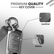 Metal Leather Key Cover For Mahindra Scorpio, XUV 300,  Marazzo, XUV 700,  3XO, XUV 400 EV,  Bolero, Thar, TUV 3  & Thar Roxx | 3 Button Flip Key