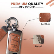 Metal Leather Key Cover For Mahindra Scorpio, XUV 300,  Marazzo, XUV 700,  3XO, XUV 400 EV,  Bolero, Thar, TUV 3  & Thar Roxx | 3 Button Flip Key