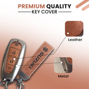 Metal Leather Key Cover for Suzuki Baleno, Ciaz, Vitara, Brezza, S Cross, Swift, Ignis, XL6, Fronx, Jimny,  Grand Vitara  | 3 Button Smart Key