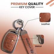 Metal Leather Car Key Cover Compatible with Grand i10 NIOS Asta, Venue, i20, Aura, Creta, Elantra | 3 Button Smart Key