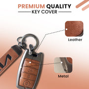 Metal Leather Car Key Cover Compatible With Seltos, Sonet, Carens | Push Start Key