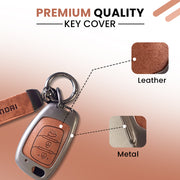 Metal Leather Car Key Cover Compatible With Creta, Venue, Aura, i20,Grand i10 Nios, Xcent | 3 Button Flip Key