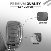 Metal Leather Car Key Cover Compatible With Creta, Venue, i20 Tucson, Elantra, Alcazar, Creta, Tucson | 4 Button Smart Key