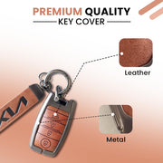 Metal Leather Car Key Cover Compatible With Kia Seltos, Sonet, Carens | Push Start Key