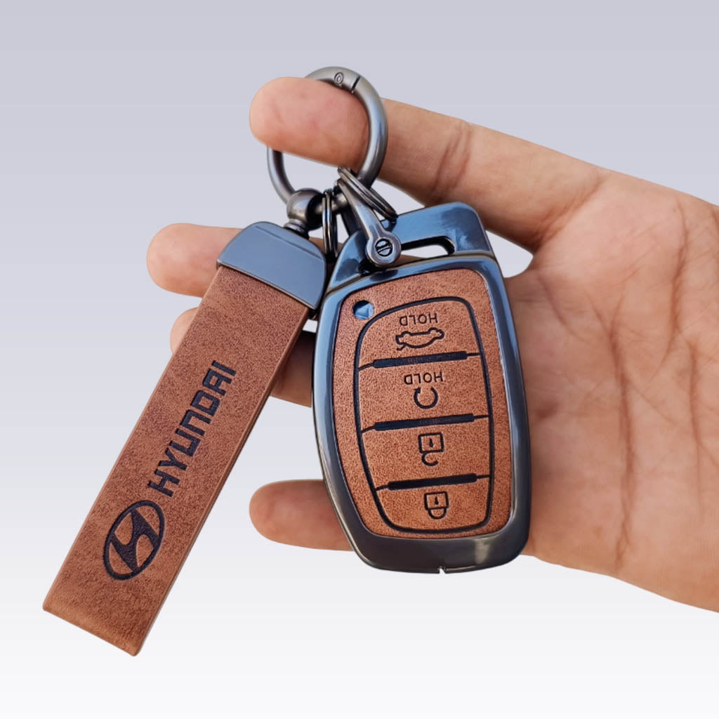Metal Leather Car Key Cover Compatible With Creta, Venue, i20 Tucson, Elantra, Alcazar, Creta, Tucson | 4 Button Smart Key