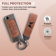 Metal Leather Car Key Cover Compatible With Mahindra XUV 500 | 3 Button Flip Key