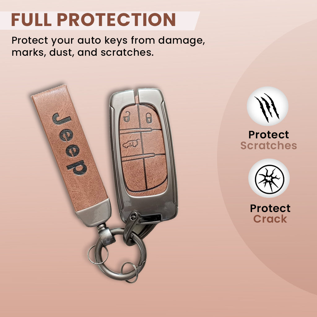 Metal Leather Car Key Cover Compatible With Jeep Compass | 3 Button Smart Key