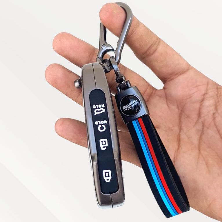 Metal Silicone Key Cover with Belt for Kia Seltos, Sonet 2023 | Push Start 4 Button Side Key