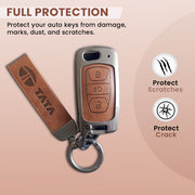 Metal Leather Car Key Cover For TATA Arai, Safari, Tiago, Zest, Bolt, Tigor, Hexa, Nexon, Harrier, Altroz, Punch | 3 Button Flip Key