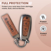 Metal Leather Key Cover for Suzuki Baleno, Ciaz, Grand Vitara, Brezza, S Cross, Swift, Ignis, XL6, Fronx | 2 Button Smart Key
