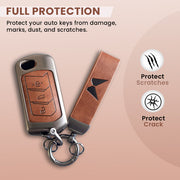 Metal Leather Key Cover For Mahindra Scorpio, XUV 300,  Marazzo, XUV 700,  3XO, XUV 400 EV,  Bolero, Thar, TUV 3  & Thar Roxx | 3 Button Flip Key