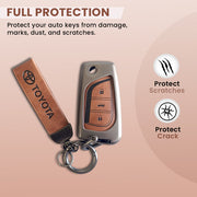 Metal Leather Car Key Cover For Toyota Corolla Altis, Innova Crysta   | 3 Button Flip Key