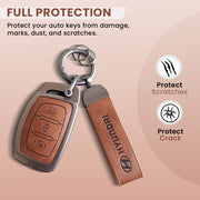 Metal Leather Car Key Cover Compatible with Grand i10 NIOS Asta, Venue, i20, Aura, Creta, Elantra | 3 Button Smart Key