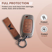 Mahindra Alturas G4, XUV 300 Key Cover | Metal Leather | 3 Button Flip Key